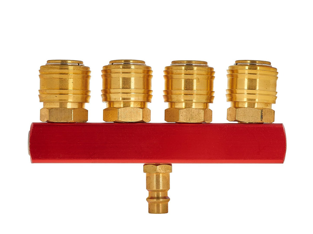 Brass 4-way air splitter with 1/4" male plug and quick connectors