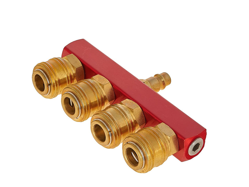 Brass 4-way air splitter with 1/4" male plug and quick connectors