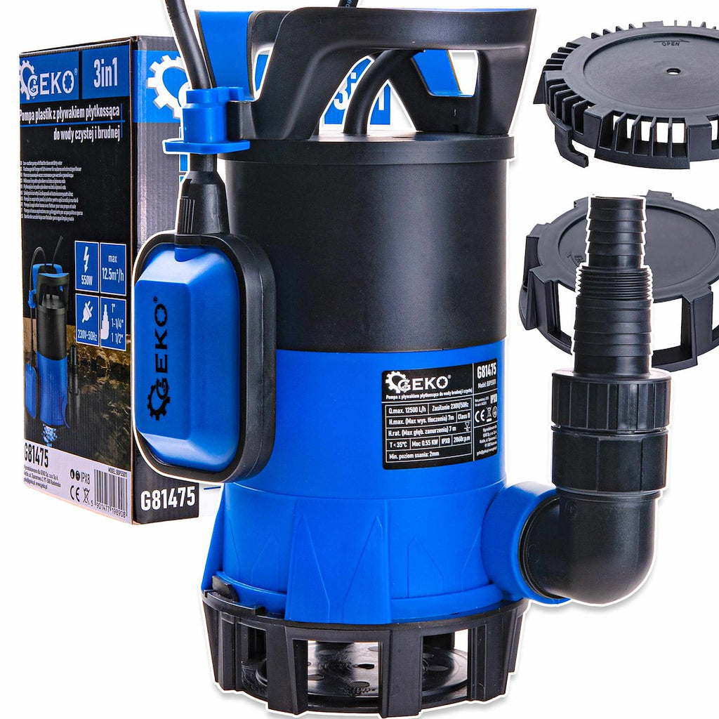 3-in-1 plastic submersible shallow-suction dirty & clean water pump with float switch, 550 W