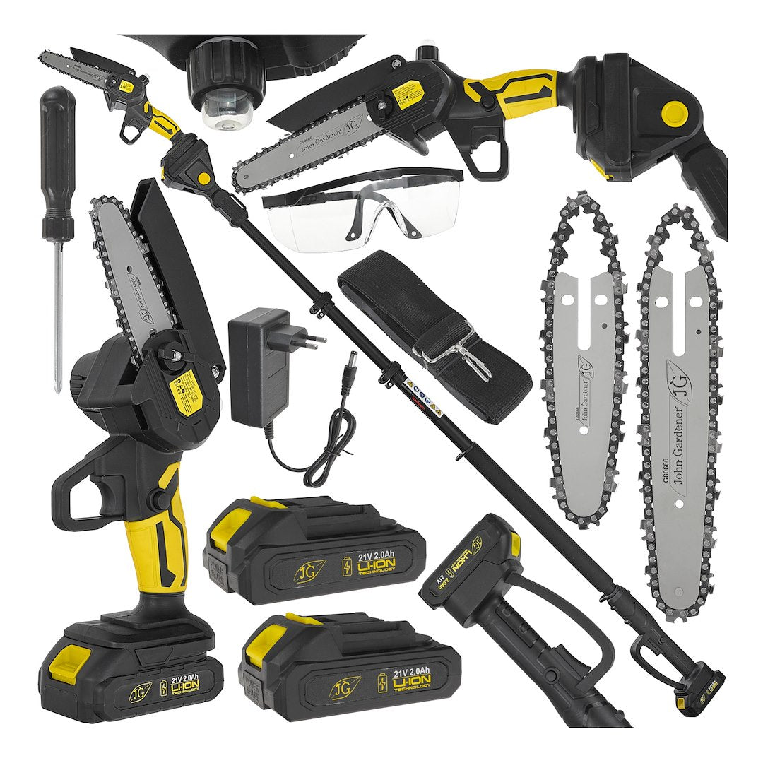 21V 6" cordless chainsaw 2x2.0Ah – XXL set with telescopic rod 1.65-2.50m