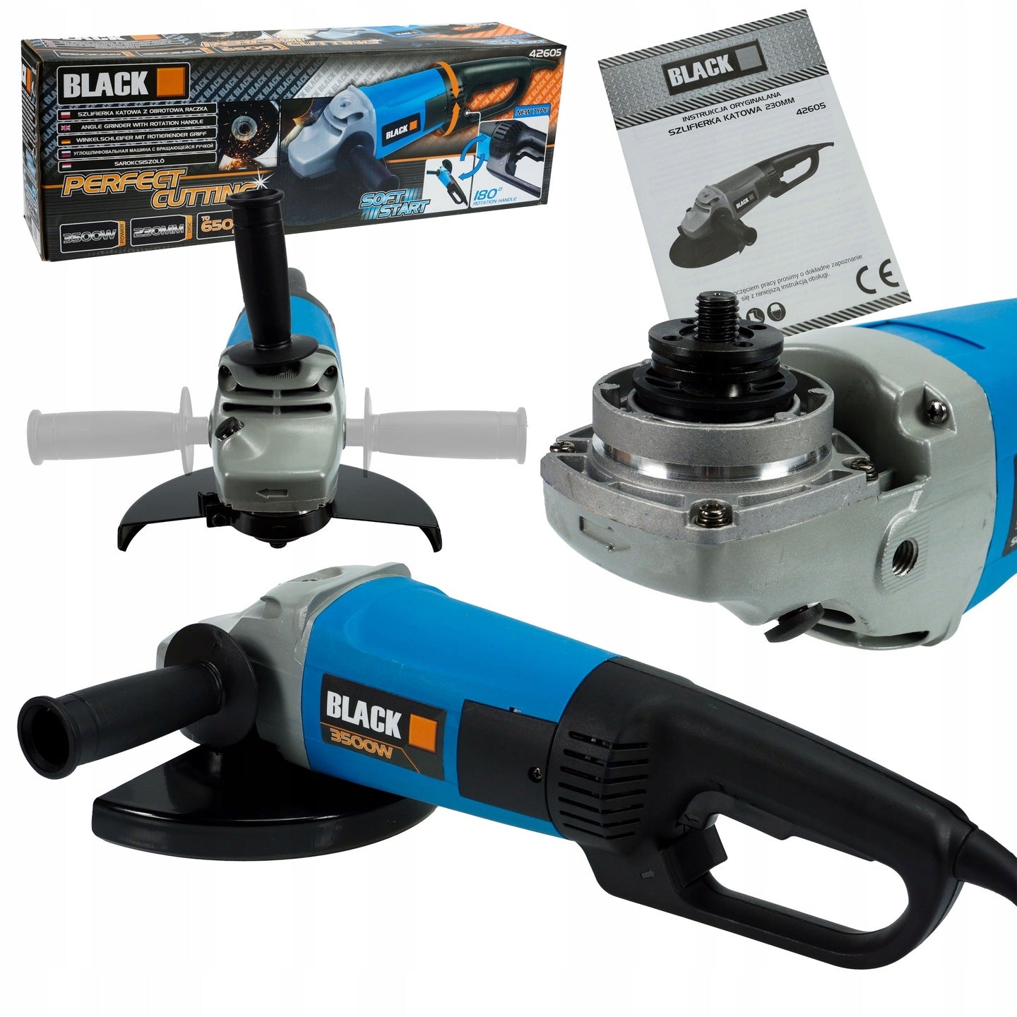 Elektriline nurklihvmasin 230mm, 3500W, 6500p/min, Black 180° pööratava käepidemega