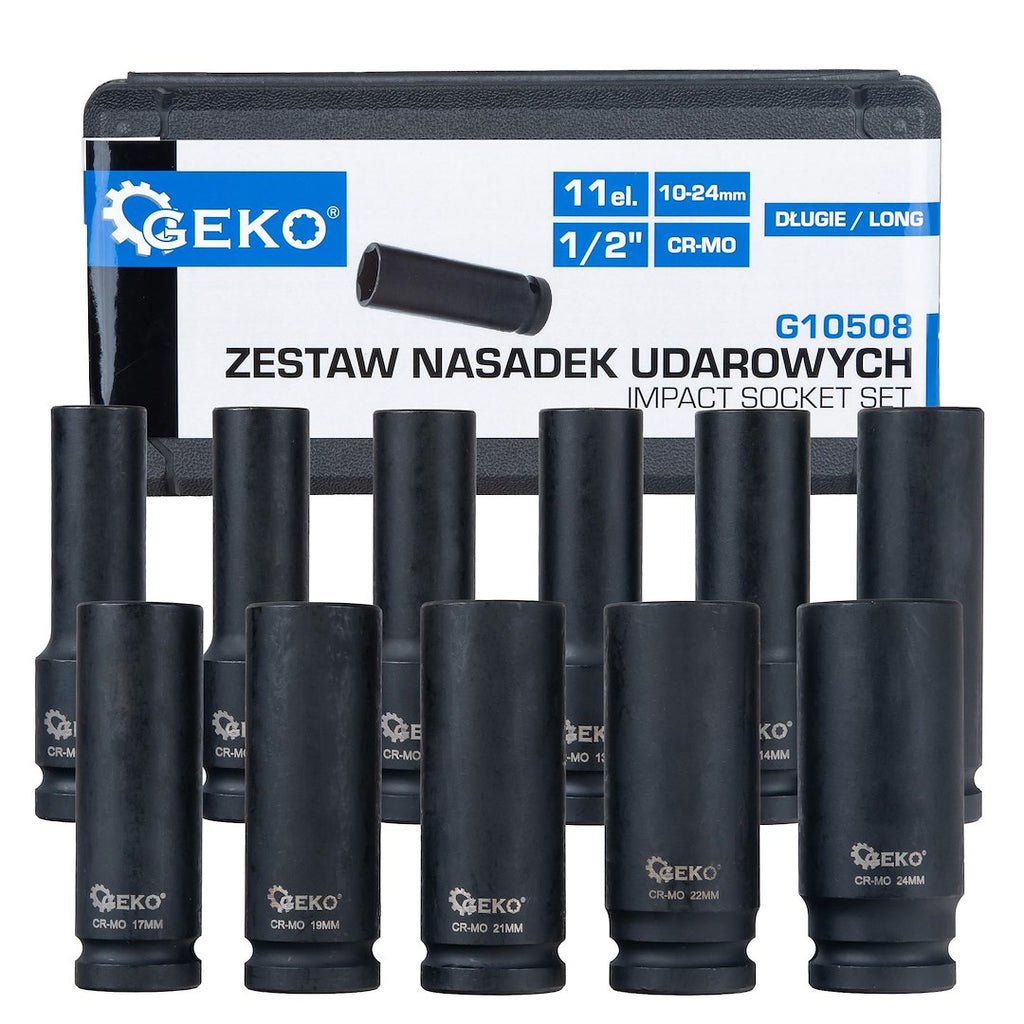 Set of long impact sockets, 1/2" drive, 10-24 mm (11 pcs)
