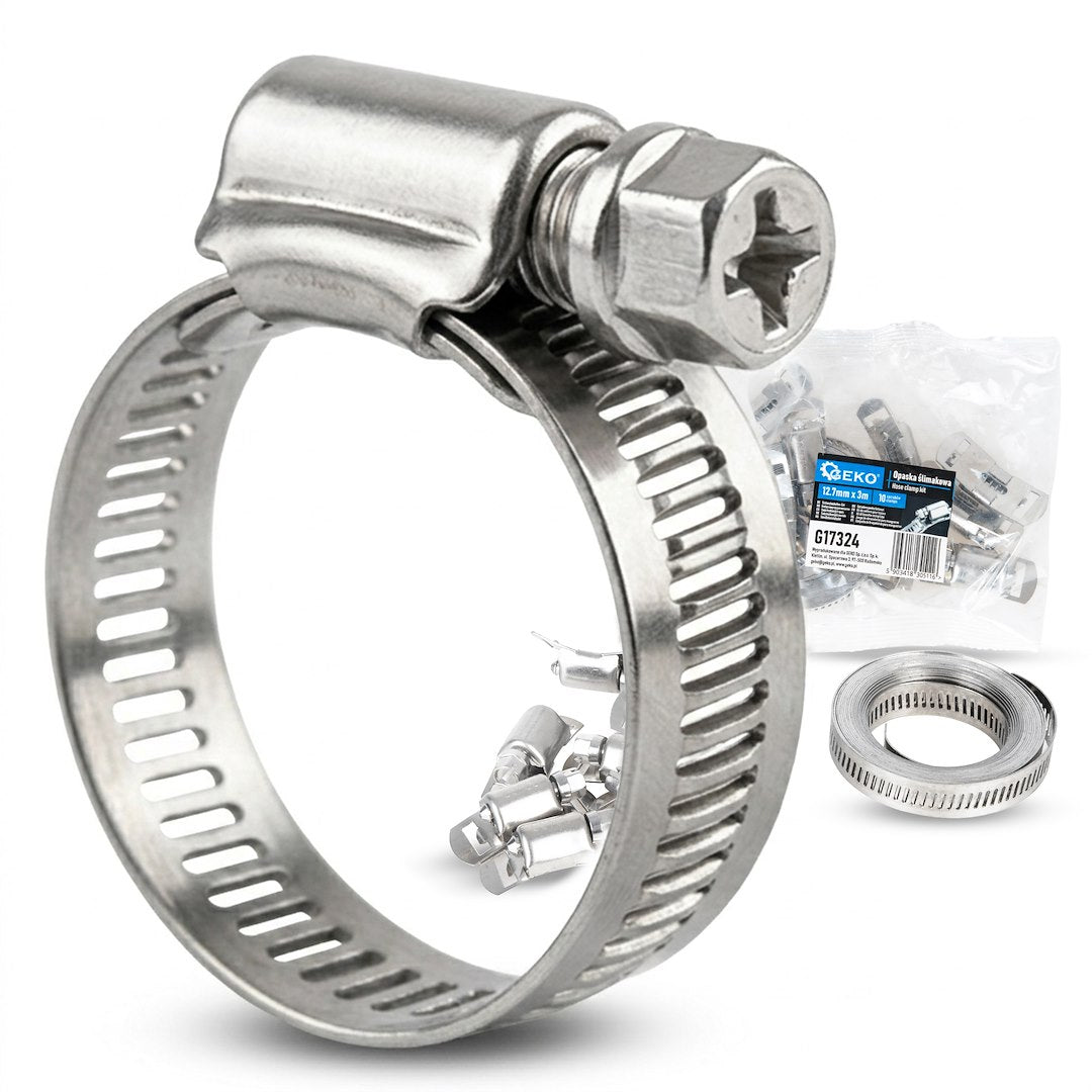 Hose clamp kit with 10 clamps, 12.7 mm x 3 m