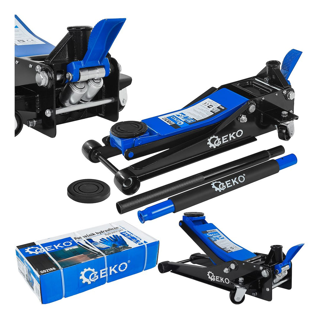 Low-profile floor jack 3T 75–505 mm with two pistons and foot pedal