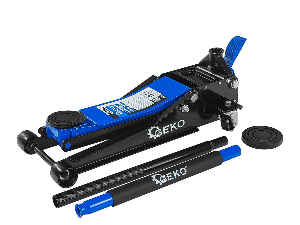 Low-profile floor jack 3T 75–505 mm with two pistons and foot pedal