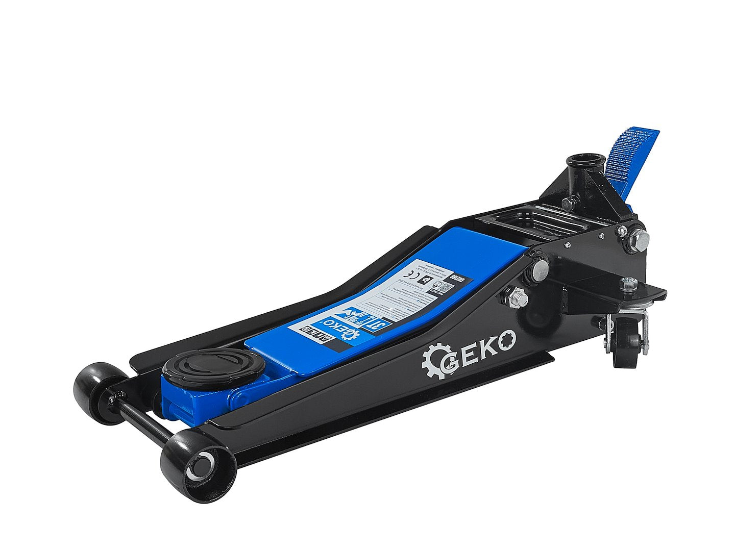 Low-profile floor jack 3T 75–505 mm with two pistons and foot pedal