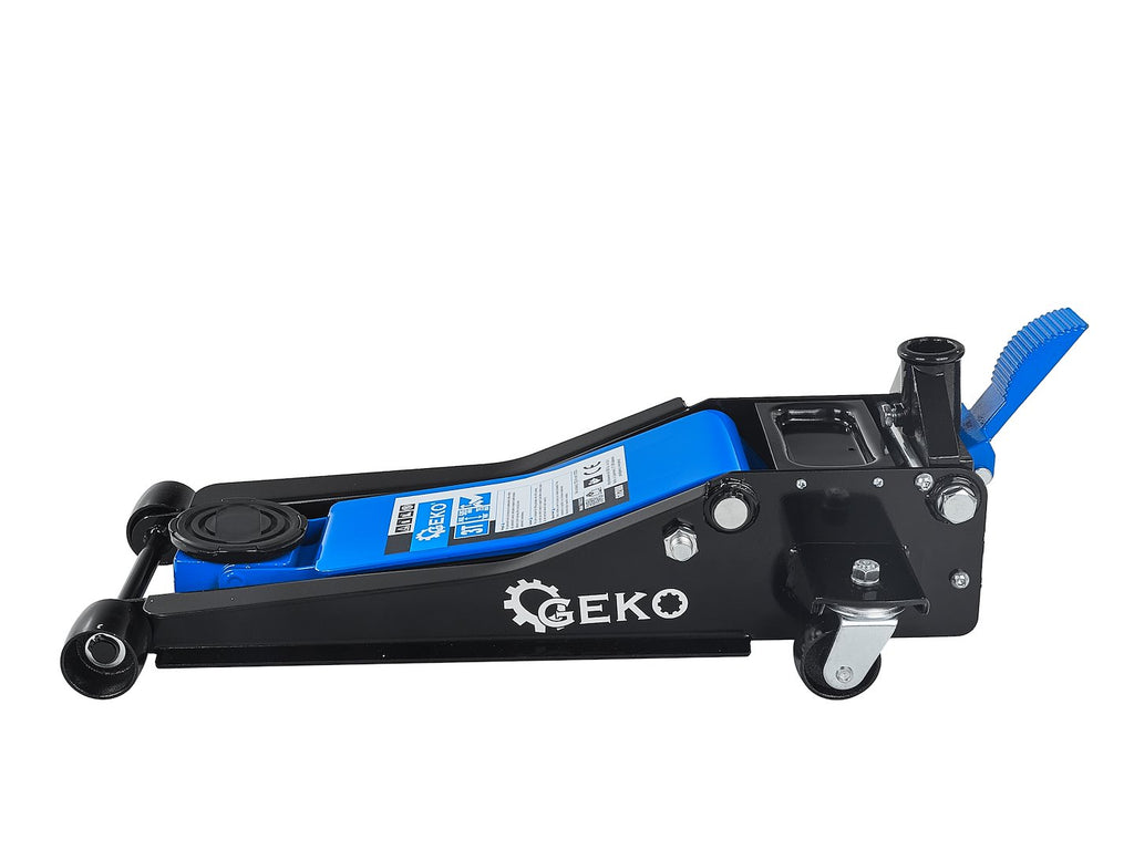 Low-profile floor jack 3T 75–505 mm with two pistons and foot pedal