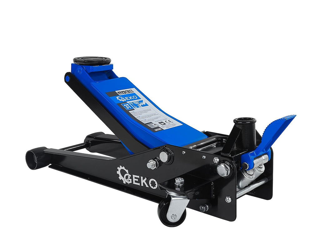 Low-profile floor jack 3T 75–505 mm with two pistons and foot pedal