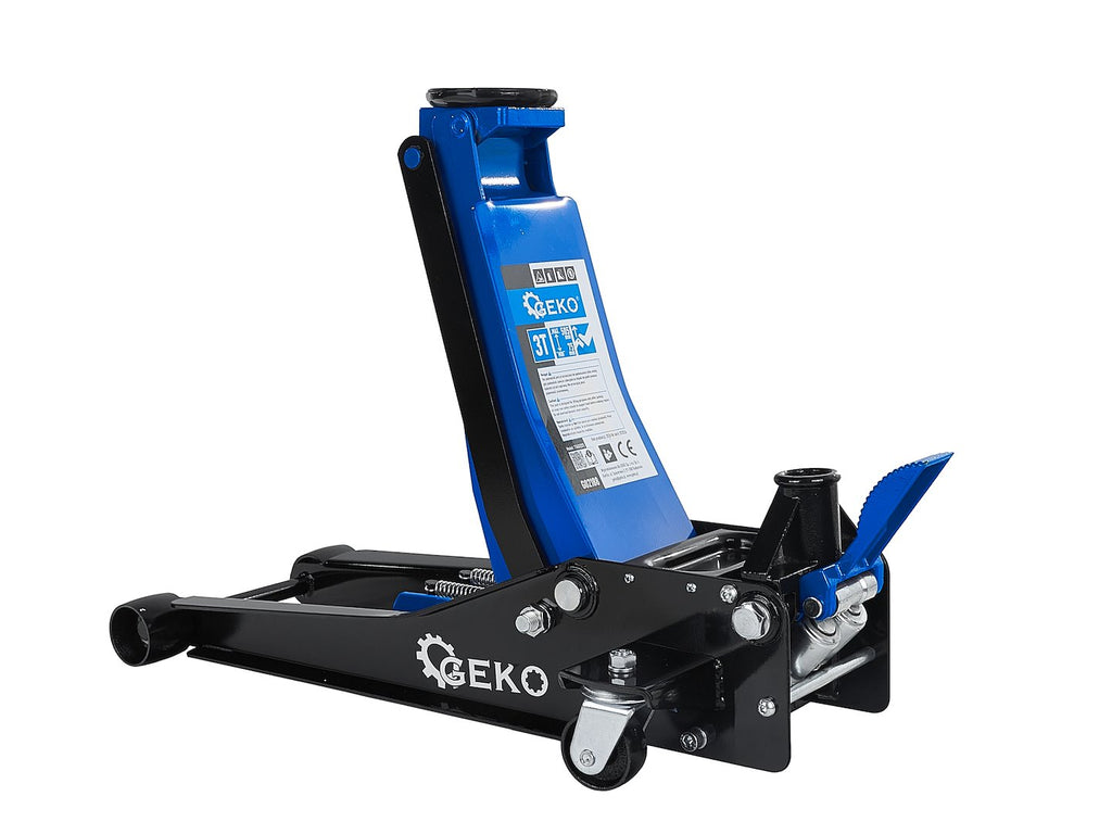 Low-profile floor jack 3T 75–505 mm with two pistons and foot pedal