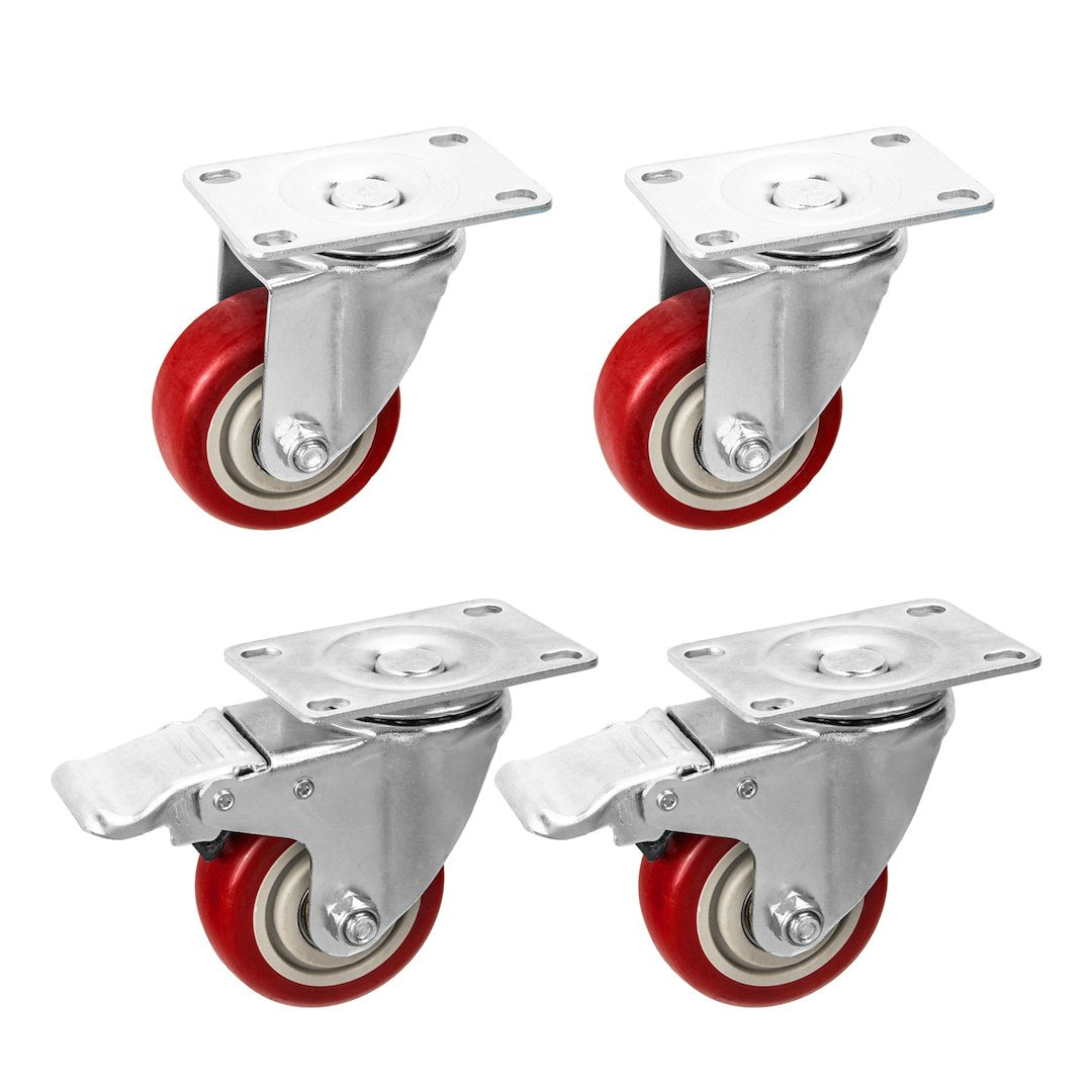 Set of 4 swivel caster wheels, 75 mm, 100 kg – 2 with brake and 2 without brake