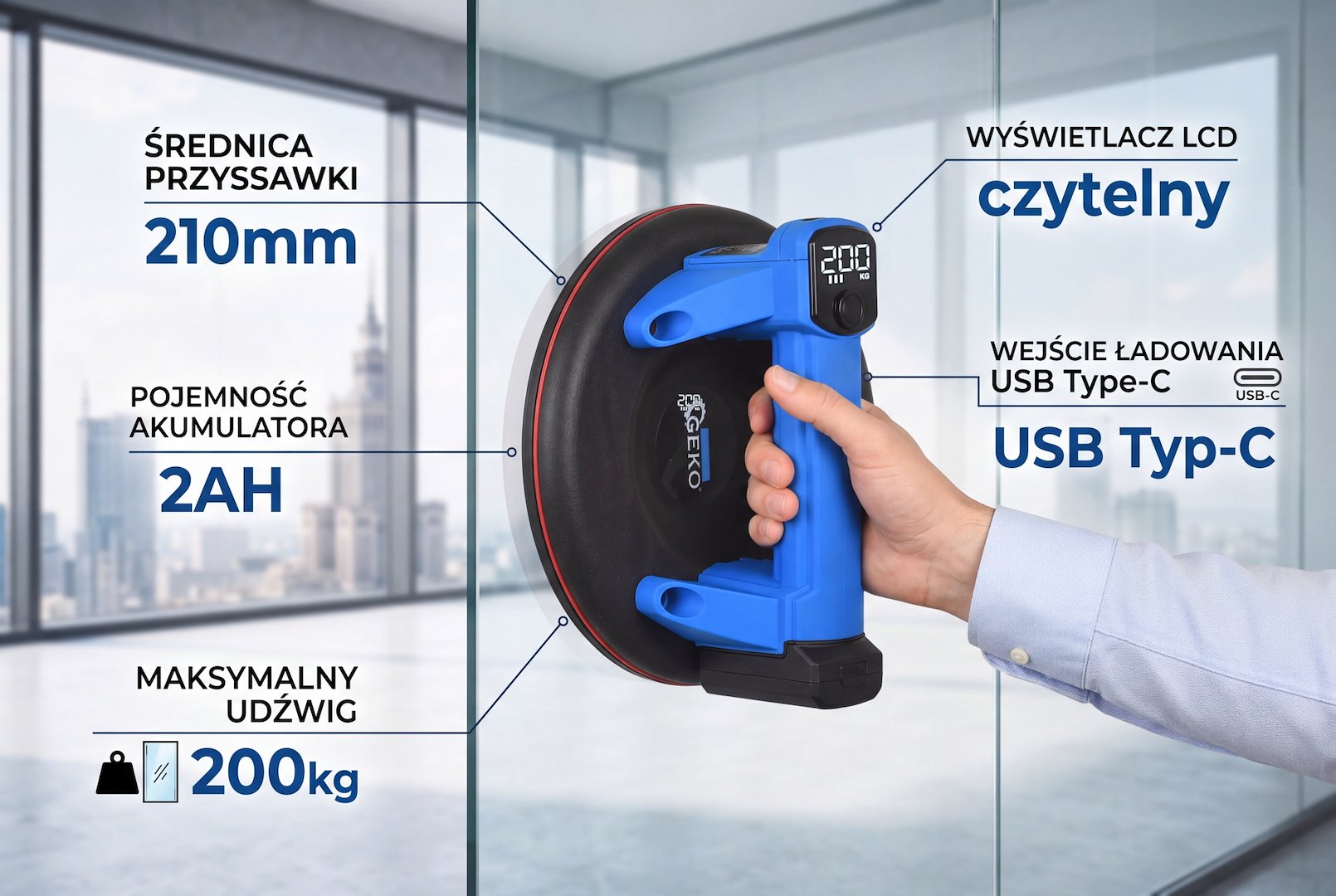 Battery vacuum suction cup 210mm 200kg 2x2.0Ah 7,4V