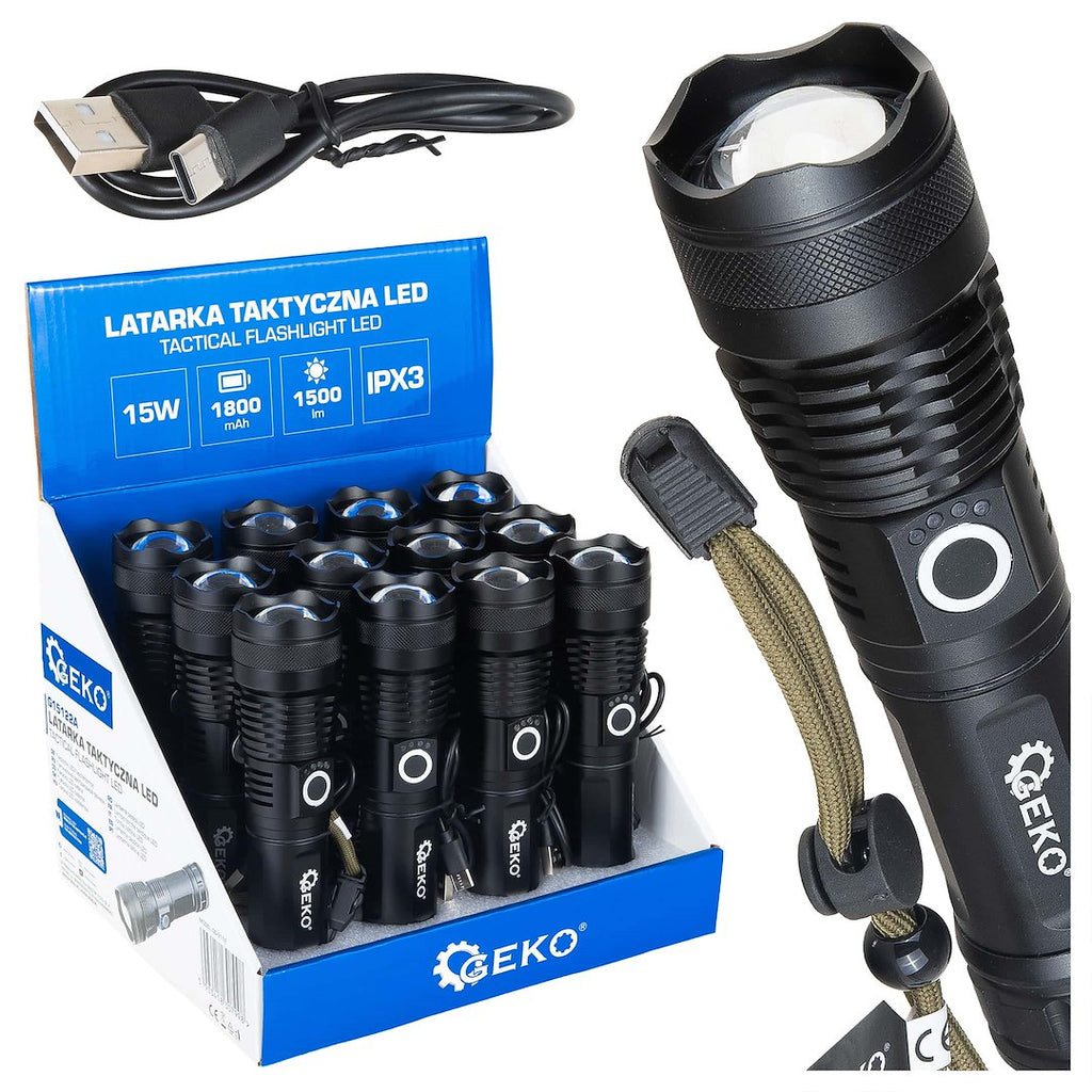 Tactical flashlight LED XHP50 15W 1800mAh 1500lm IPX3 – display box – Pack of 12