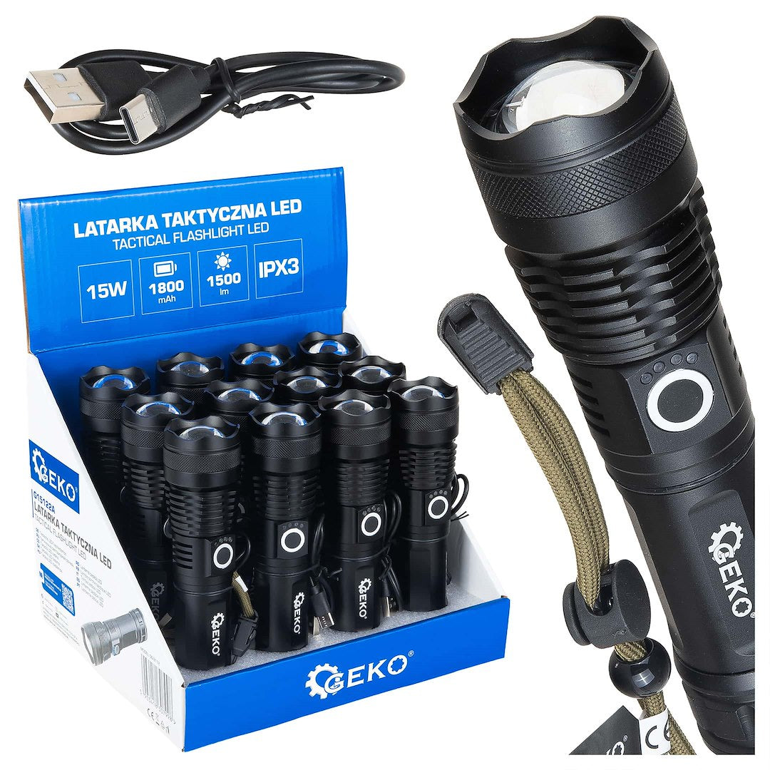 Tactical flashlight LED XHP50 15W 1800mAh 1500lm IPX3 – display box – Pack of 12