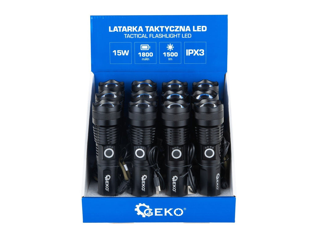 Tactical flashlight LED XHP50 15W 1800mAh 1500lm IPX3 – display box – Pack of 12
