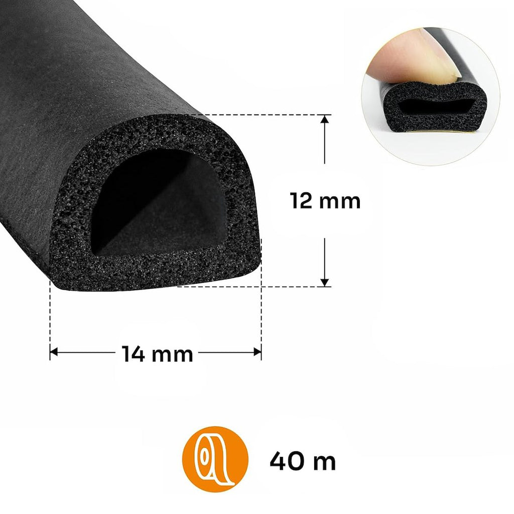 Self-adhesive seal for windows and doors, EPDM type D, 14x12 mm, 40 m, black