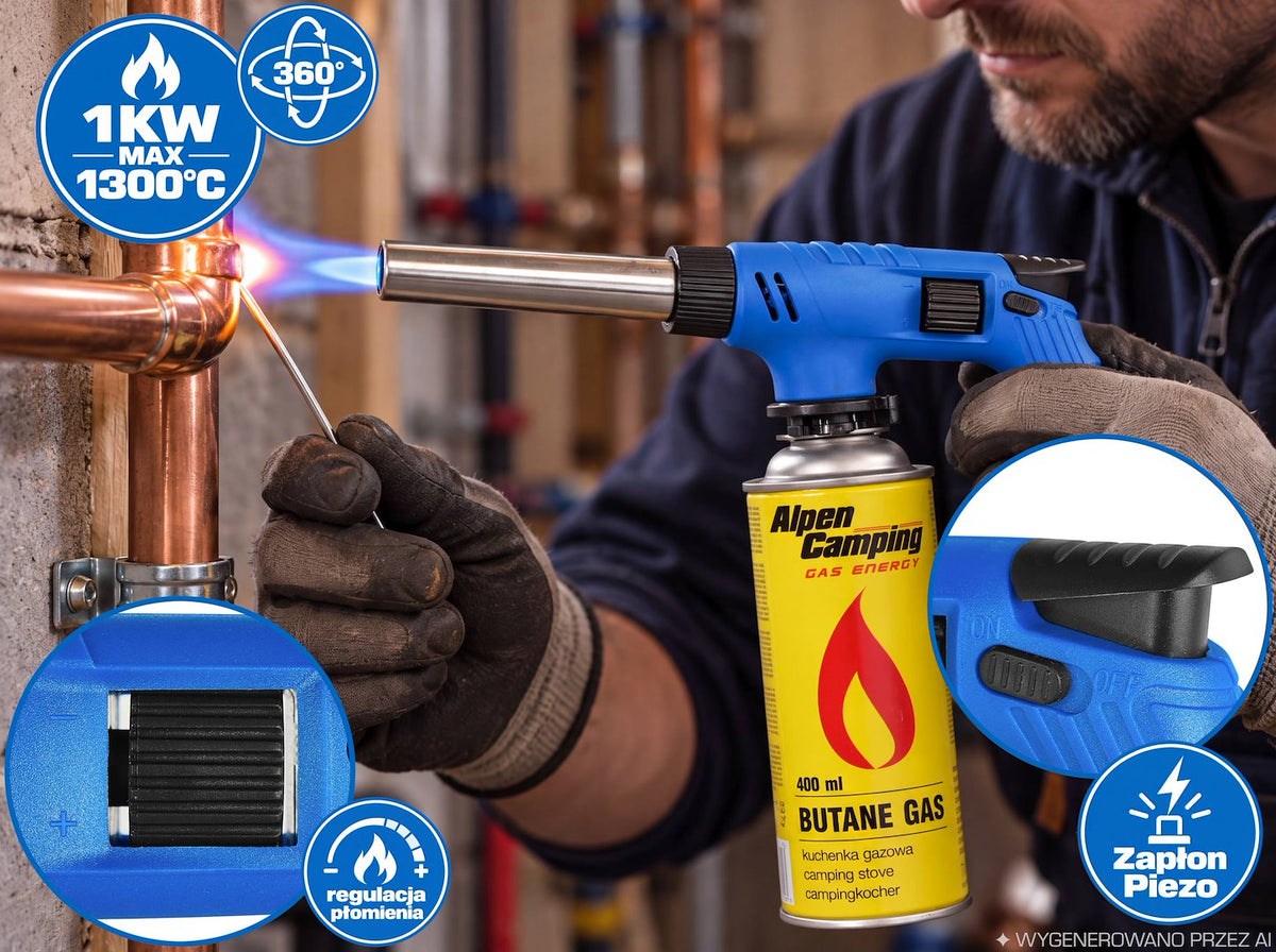 Auto-ignition gas torch body, 360° - butane burner with long nozzle