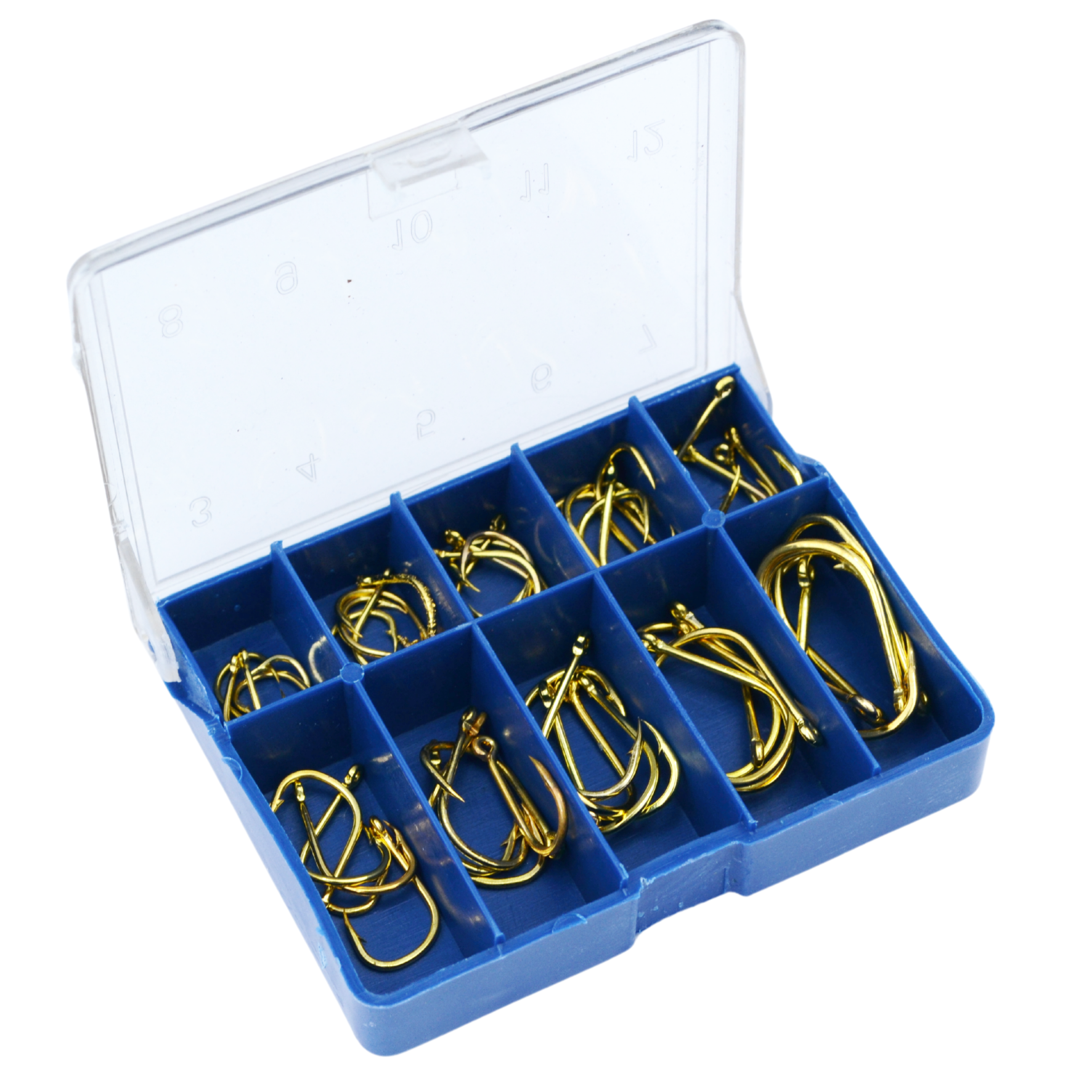 50 tk kuldsete silmaga õngekonksude komplekt, 10 suurust, karp kaasas