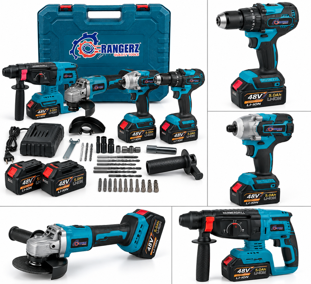 RANGERZ RS-5018B 4-in-1 juhtmeta tööriistakomplekt 48V 5.0Ah – harjavaba, 2 akut