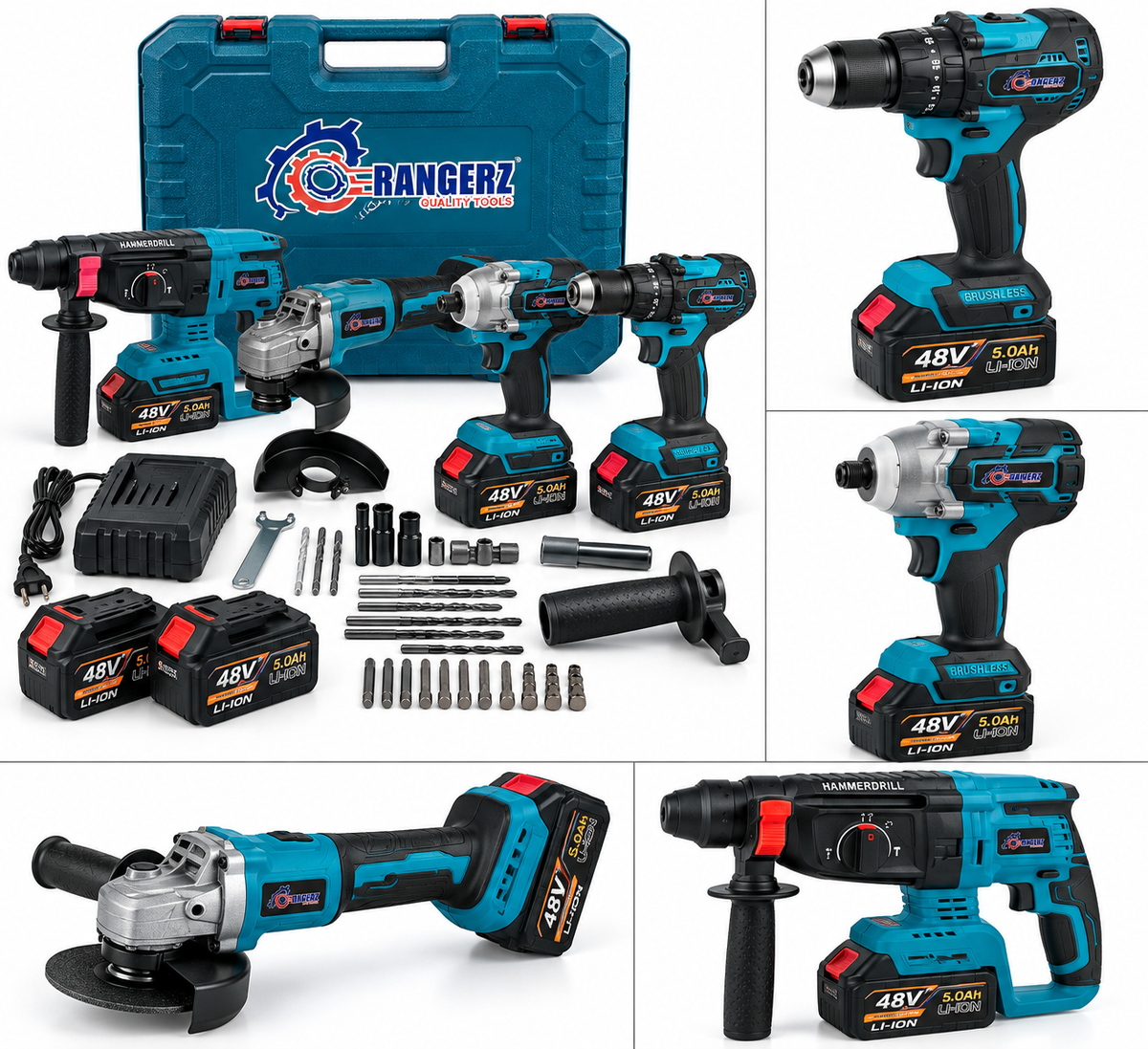 RANGERZ RS-5018B 4-in-1 juhtmeta tööriistakomplekt 48V 5.0Ah – harjavaba, 2 akut