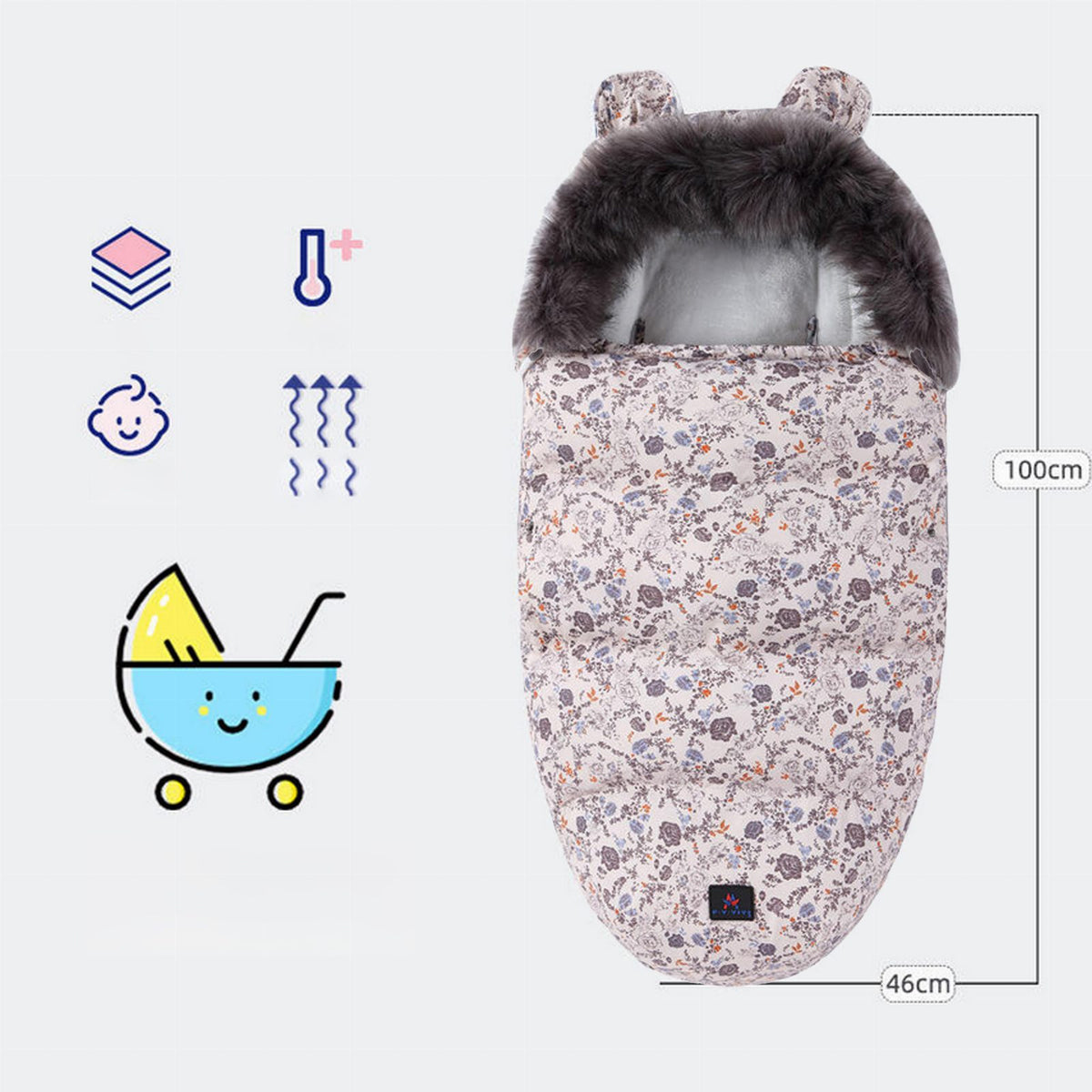Premium Warm Baby Stroller and Sled Sleeping Bag with Fur Lining 100 x 46 cm Pink with Colorful Flowers