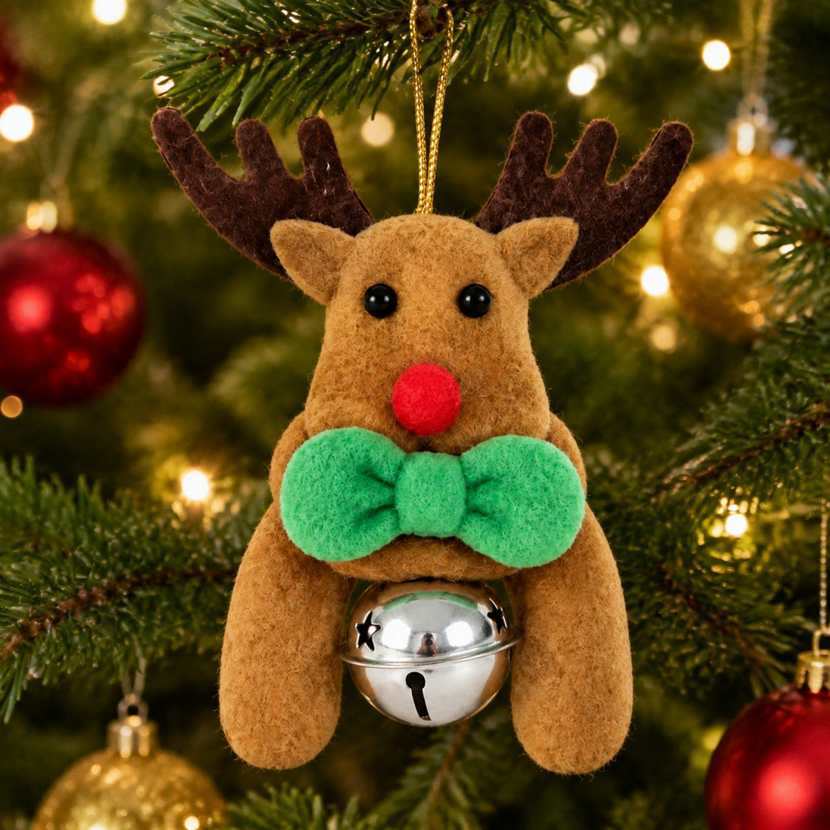 Christmas Reindeer Ornament with Hanging Loop and Bell 12cm