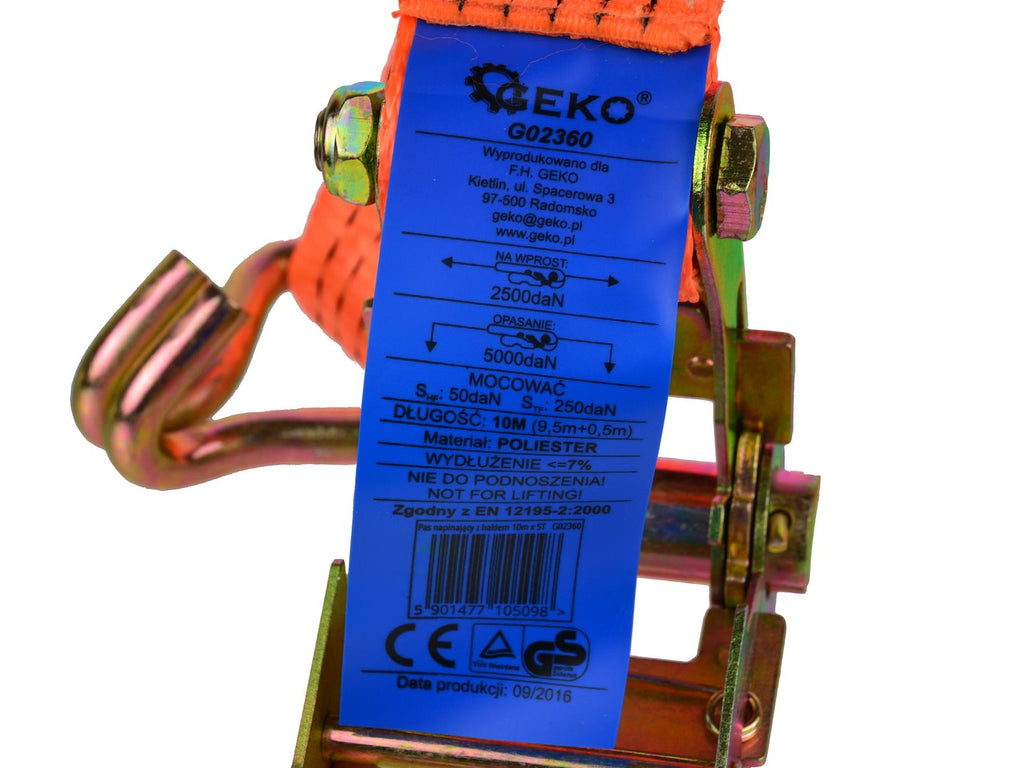 Ratchet Tie-Down Strap with J-Hooks, 10 m, 5T, 50 mm