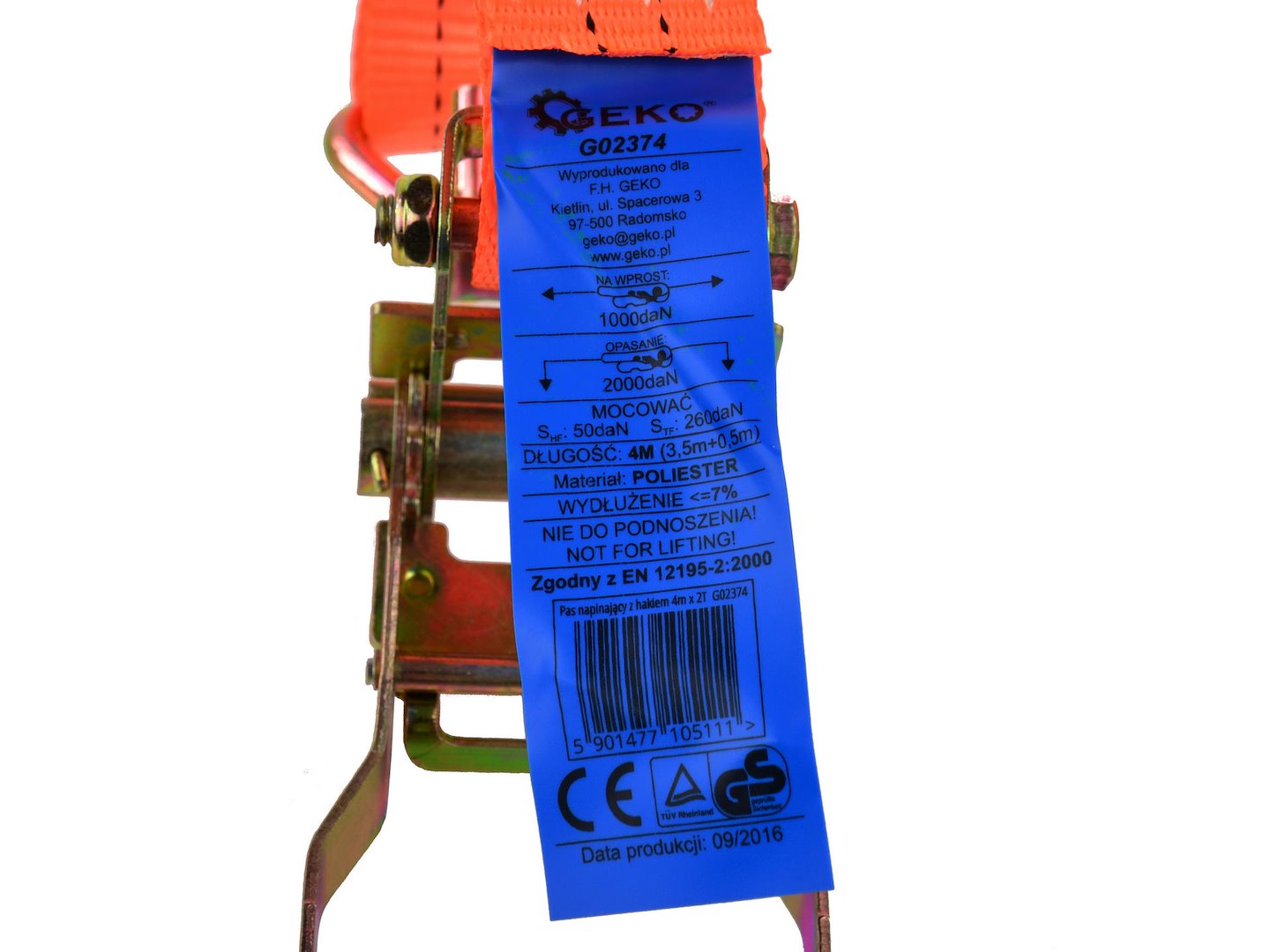 Ratchet Tie-Down Strap with J Hooks, 4 m, 2000 kg, 35 mm