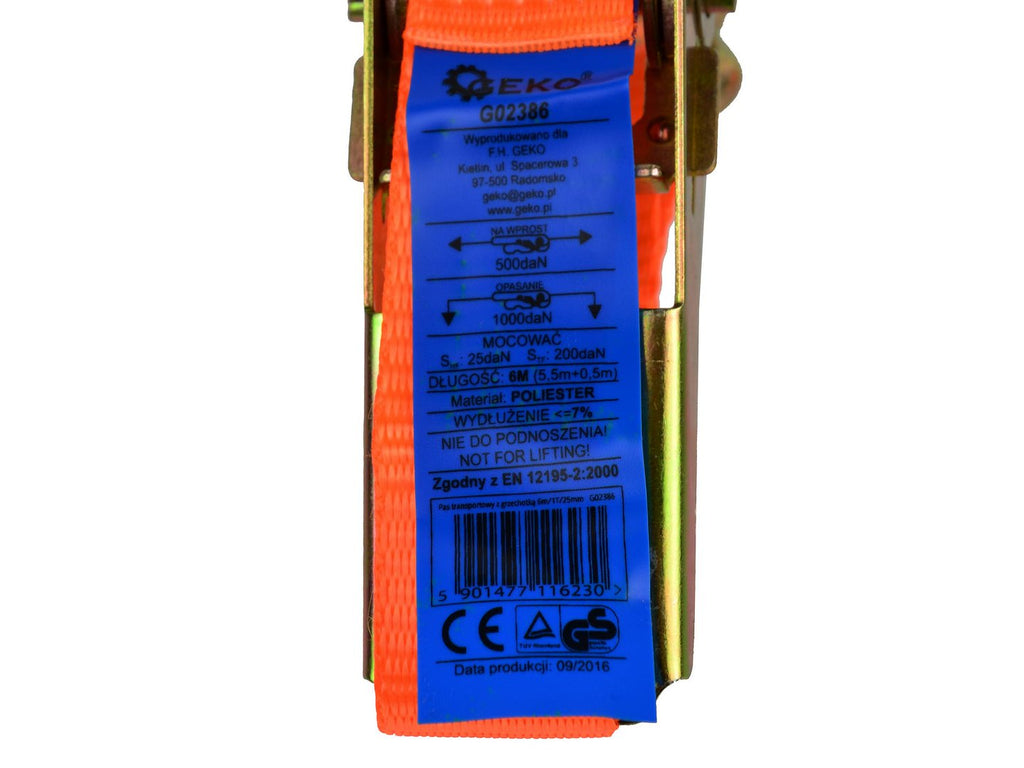 Ratchet Tie-Down Strap with J Hooks, 6 m, 1 T, 25 mm