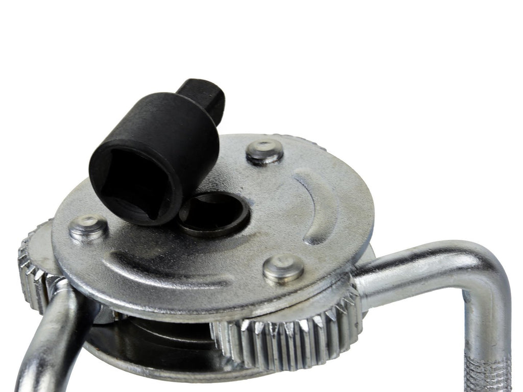 Three-pawl oil filter spanner, 3/8" or 1/2" drive (65–130 mm)