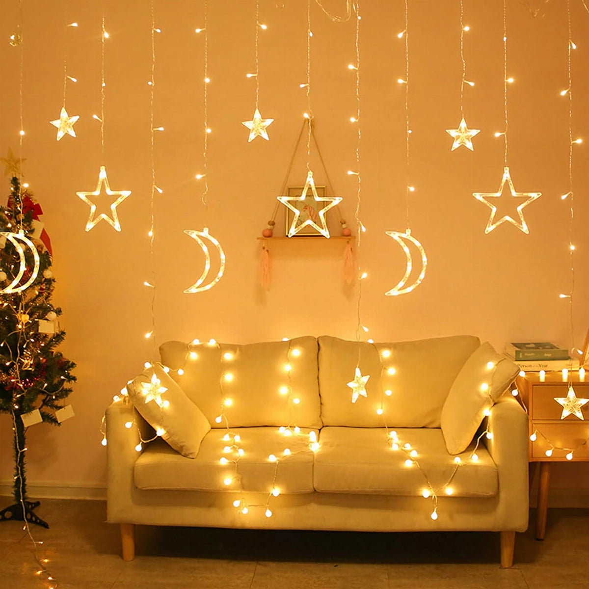 3m LED Star and Moon Curtain String Lights for Christmas Window Decoration
