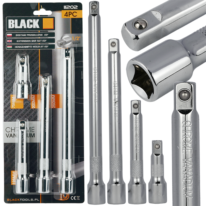 Complete Set of 4 Extensions 1/2" 250mm, 200mm, 125mm, 75mm CRV Black