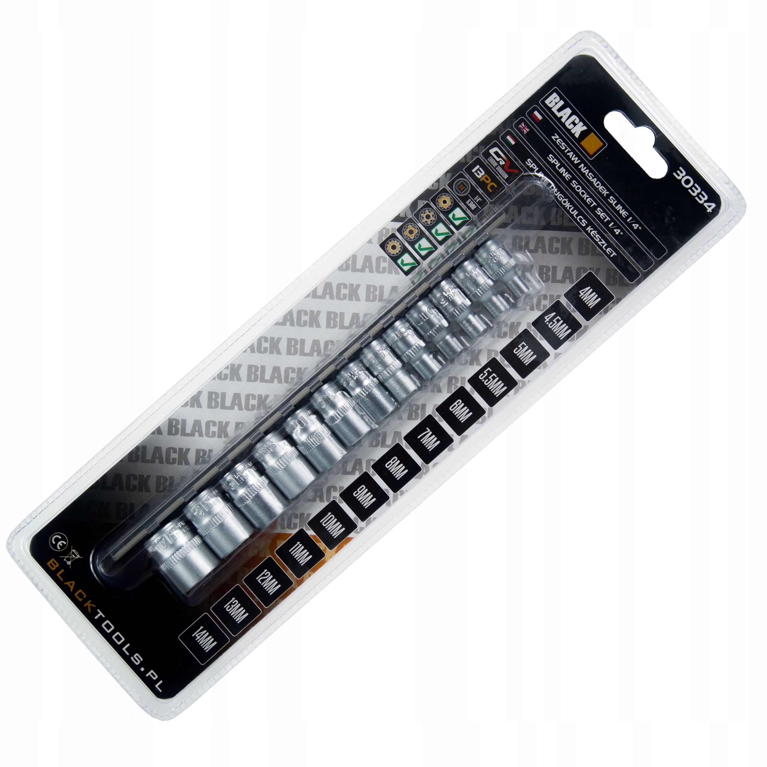 13-Piece 1/4" Spline Socket Set on Rail, 12-Point Cr-V