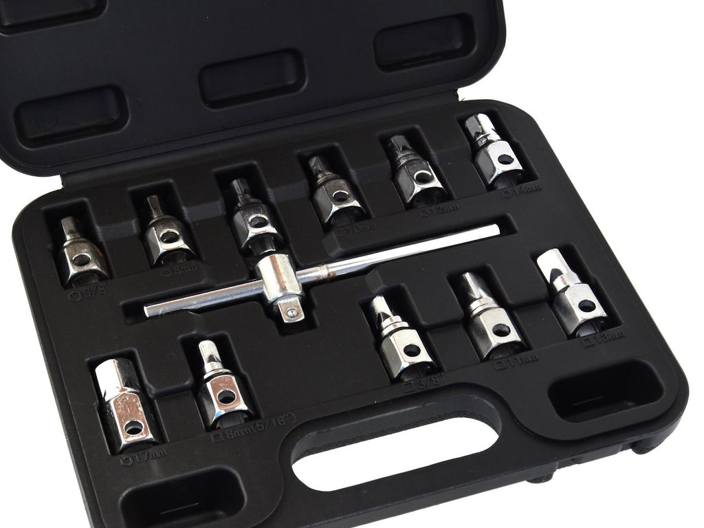 12 pcs Square and Hex Oil Drain Wrench Set with 3/8" Sliding Bar
