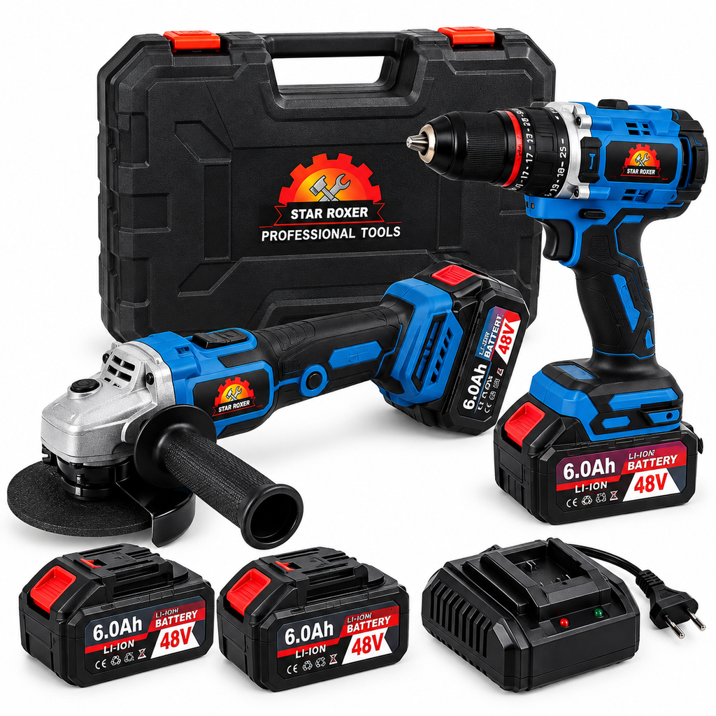 STAR ROXER SR-920 akuga tööriistakomplekt 48V 6.0Ah – nurklihvija + puurtrell, 2 akut
