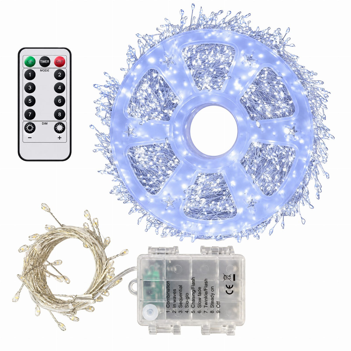 50 LED-iga külmvalge valguskett 1,5 m 8 funktsiooni ja kaugjuhtimispuldiga RC-K-2804