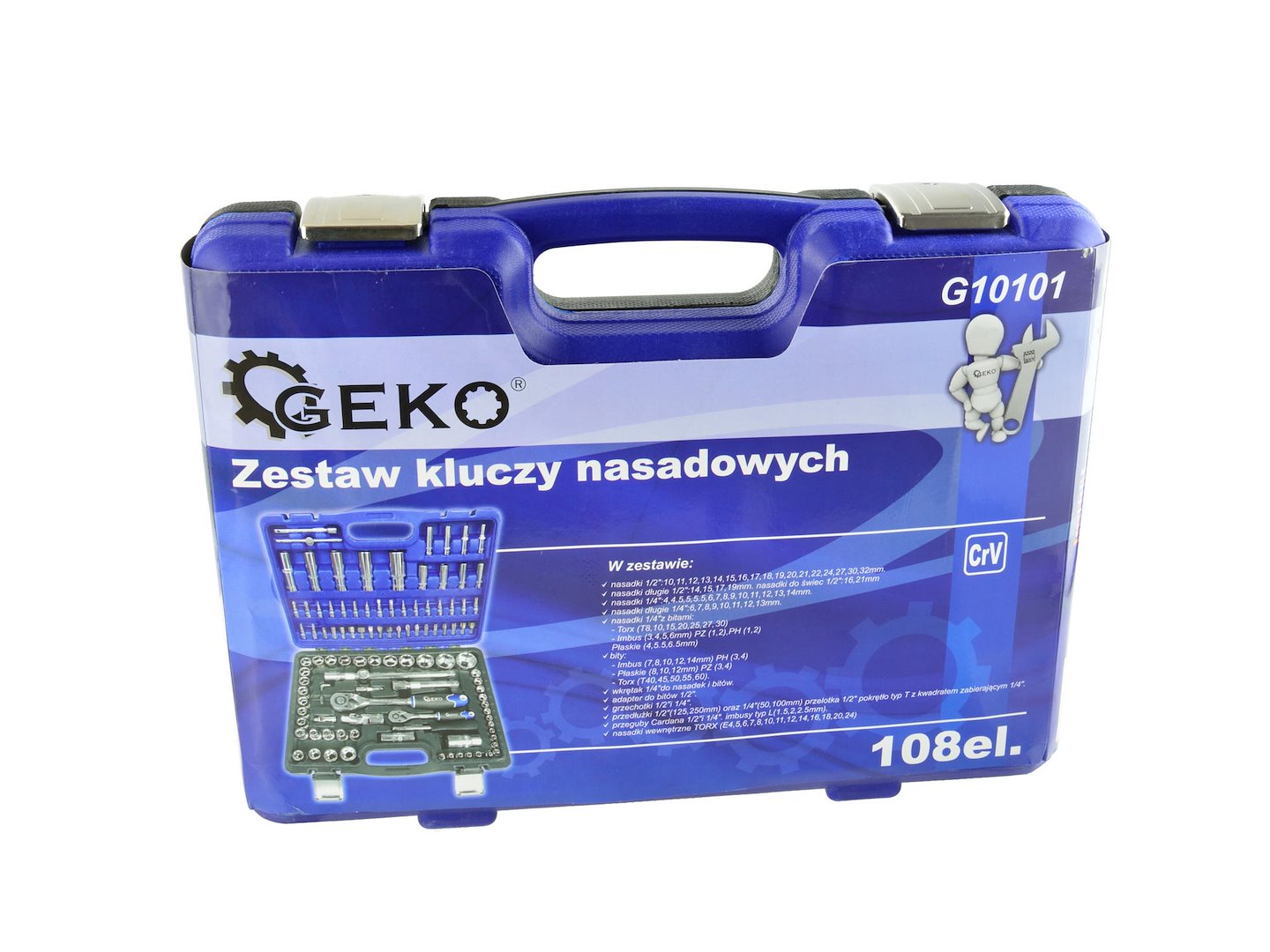 GEKO Mechanics Tool Set, Polished CrV, 108 pcs, 1/2" & 1/4" Drive