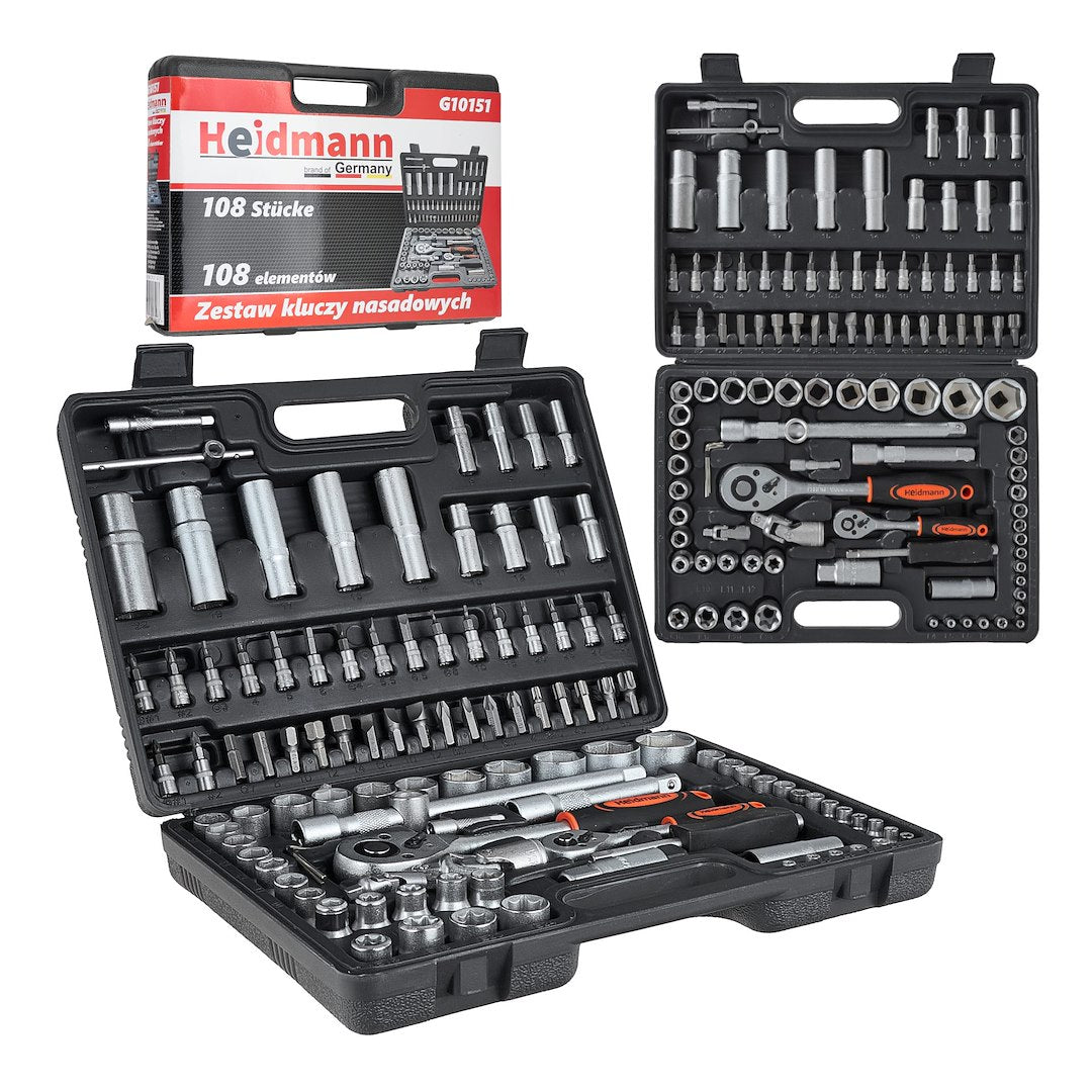 108-piece Socket Set with 1/2" and 1/4" Drives, Ratchets, Adapters and Extensions