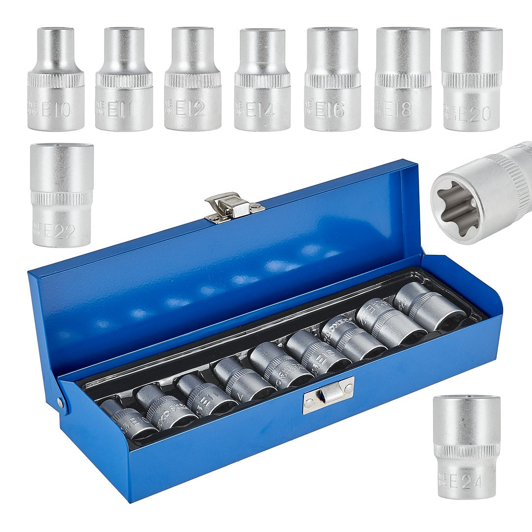 TORX (E) Socket Set E10–E24, CrV, 1/2" Drive, 9 pcs, metal case