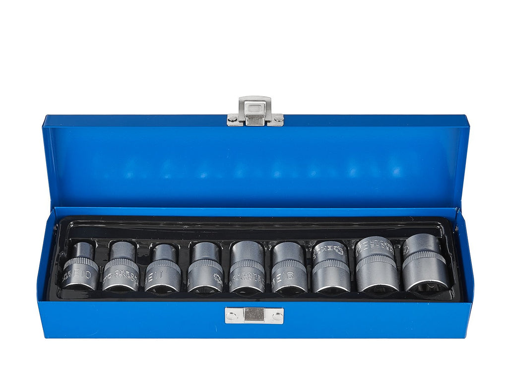 TORX (E) Socket Set E10–E24, CrV, 1/2" Drive, 9 pcs, metal case