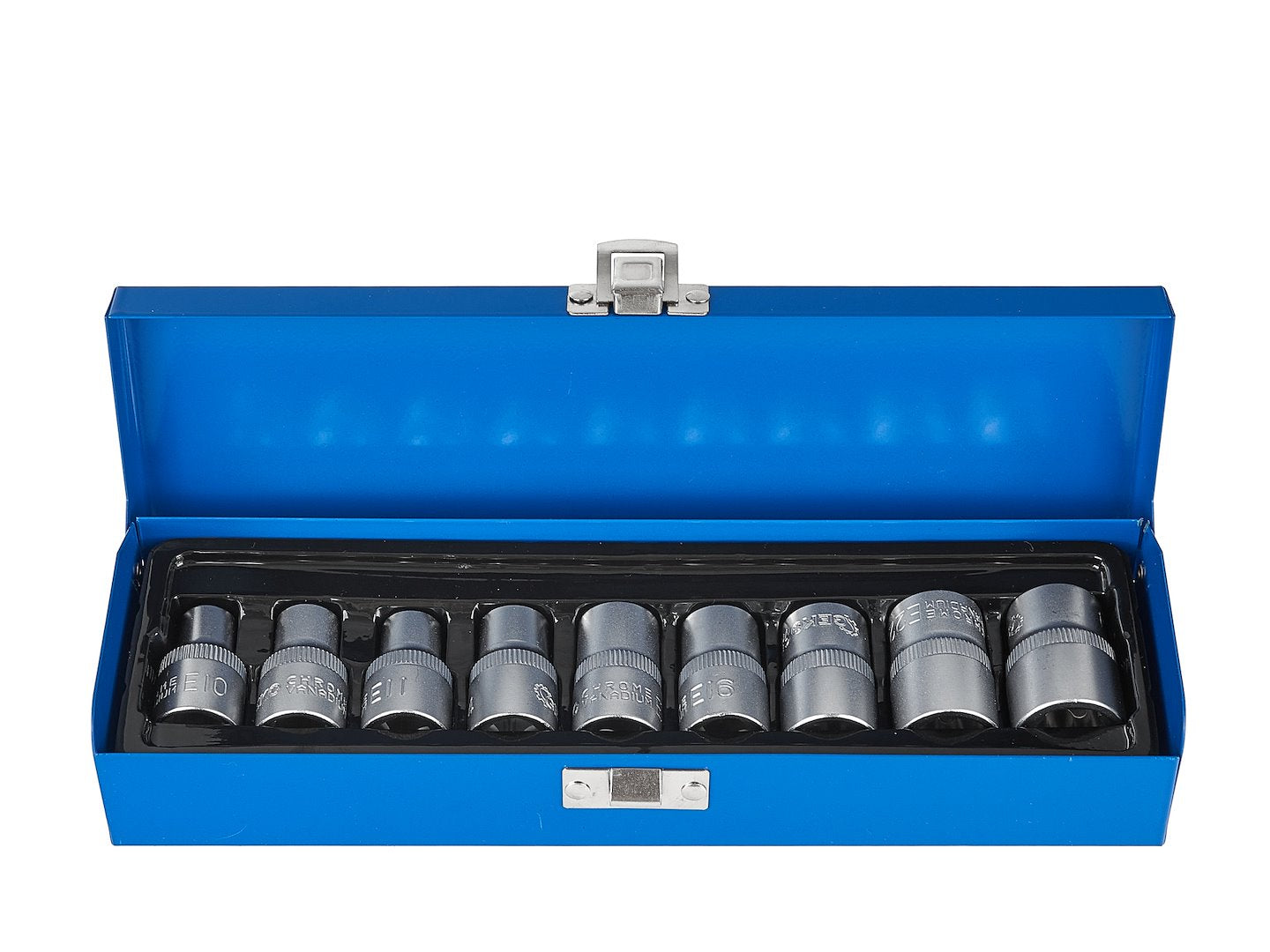 TORX (E) Socket Set E10–E24, CrV, 1/2" Drive, 9 pcs, metal case