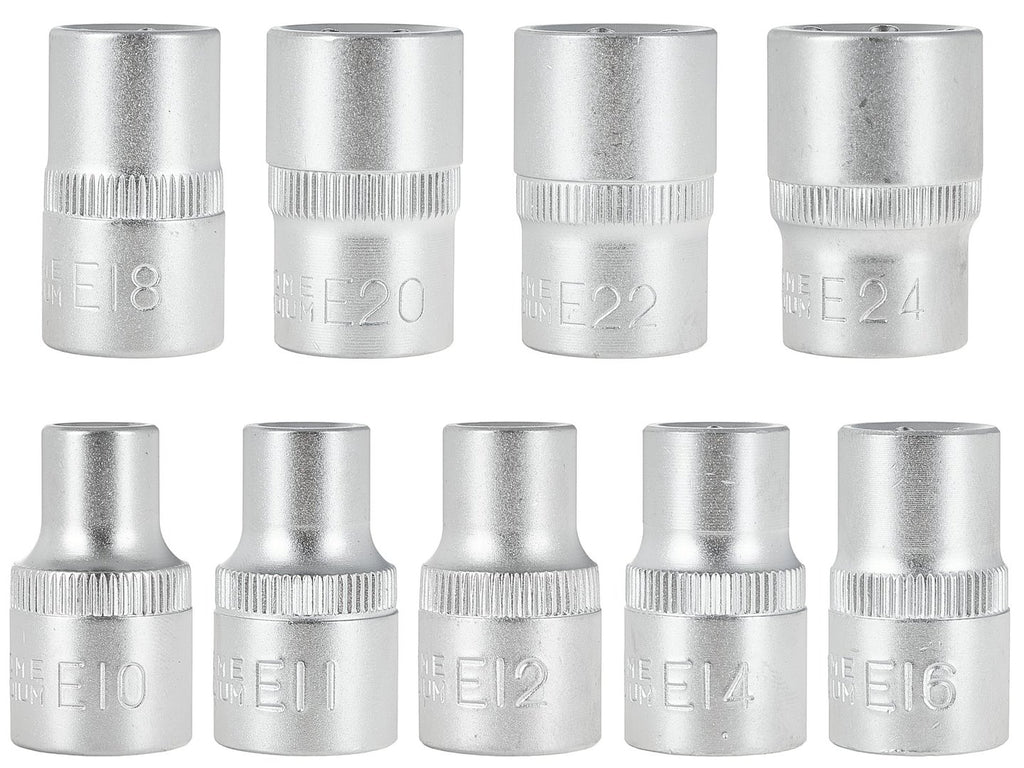 TORX (E) Socket Set E10–E24, CrV, 1/2" Drive, 9 pcs, metal case