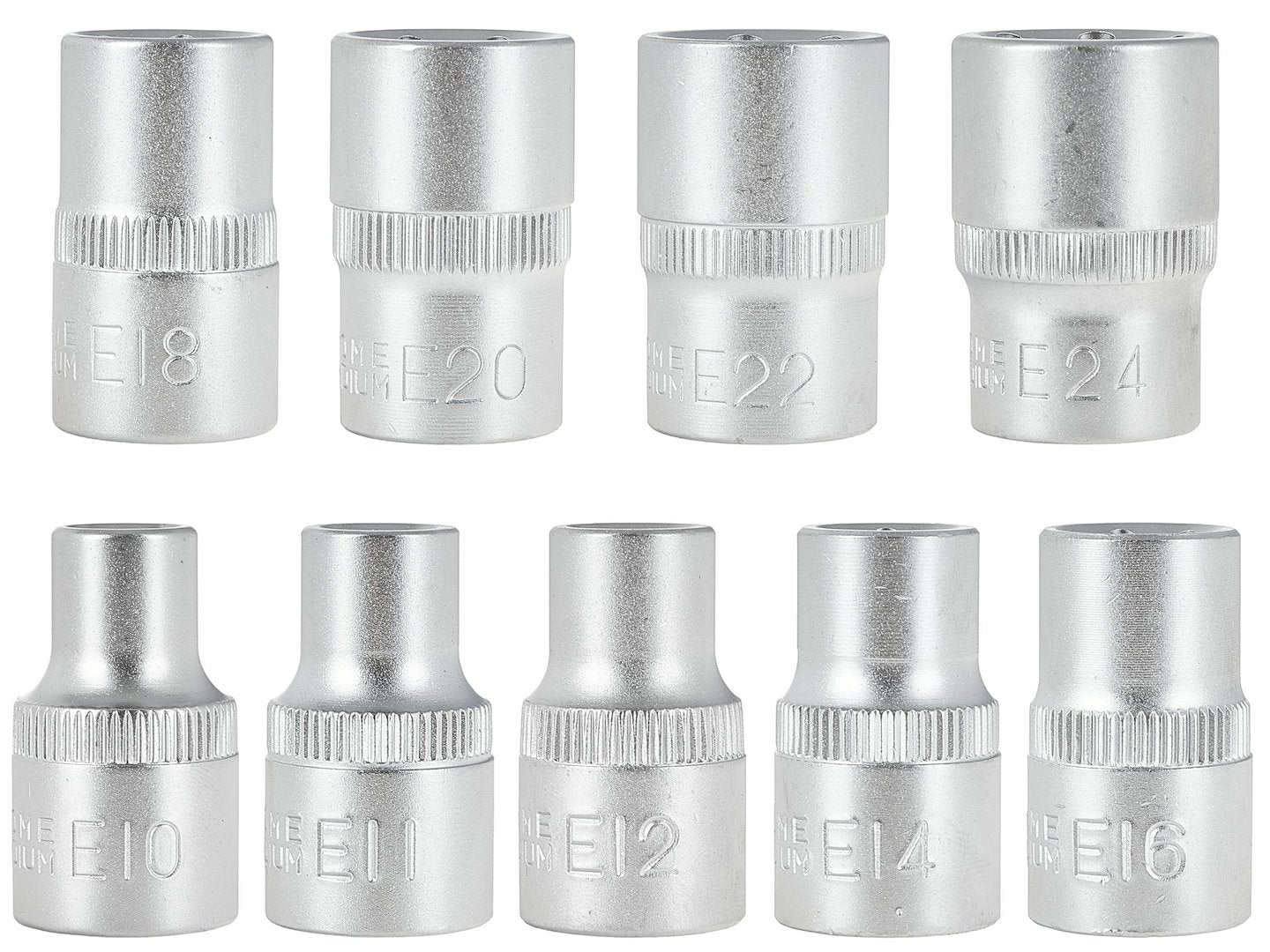 TORX (E) Socket Set E10–E24, CrV, 1/2" Drive, 9 pcs, metal case