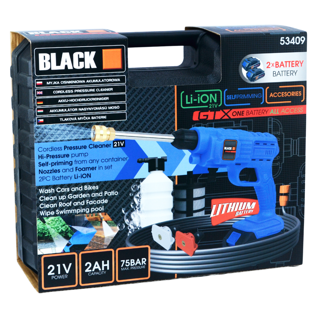 Juhtmevaba 21V 75BAR isetõmbav survepesuri komplekt 2x 2Ah akuga – Black