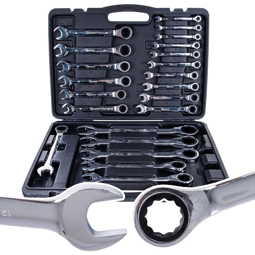 Ratcheting Combination Wrench Set 6–32 mm, 22 pc (Aluminum Case)