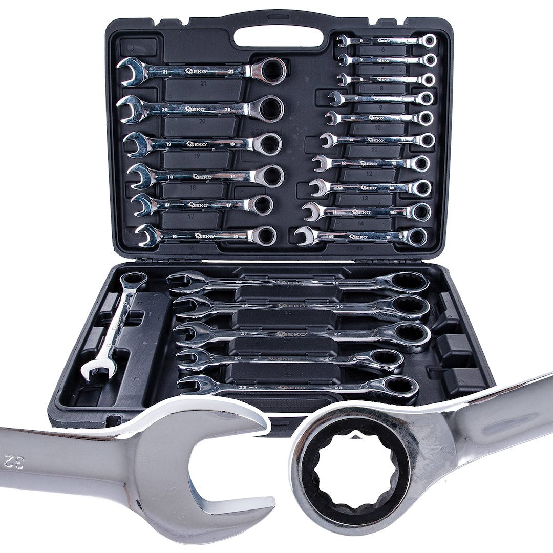 Ratcheting Combination Wrench Set 6–32 mm, 22 pc (Aluminum Case)