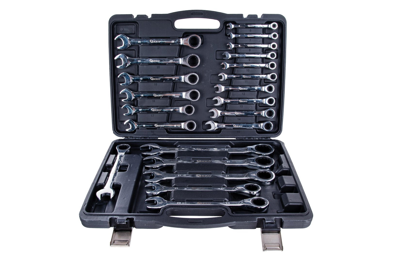 Ratcheting Combination Wrench Set 6–32 mm, 22 pc (Aluminum Case)