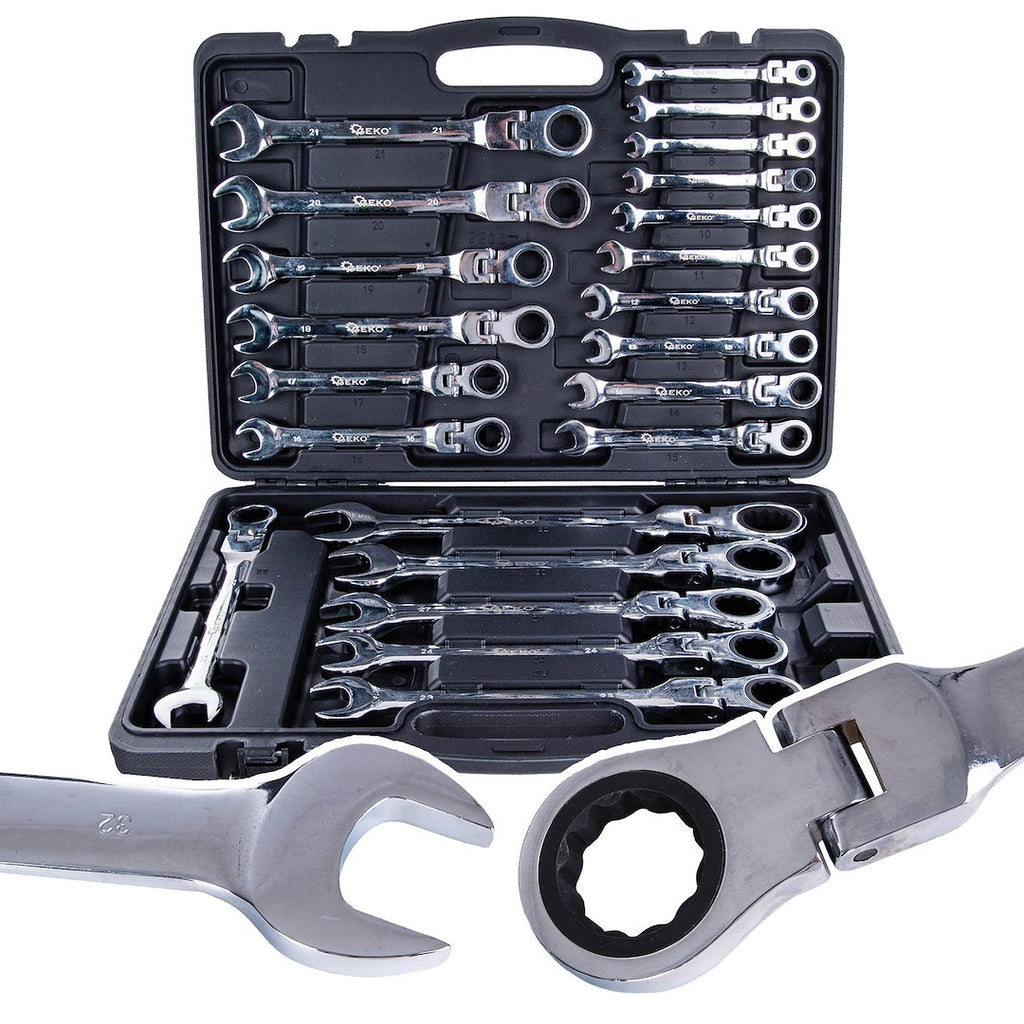 12-Point Flexible-Head Ratcheting Combination Wrench Set, 6–32 mm, 22 pcs