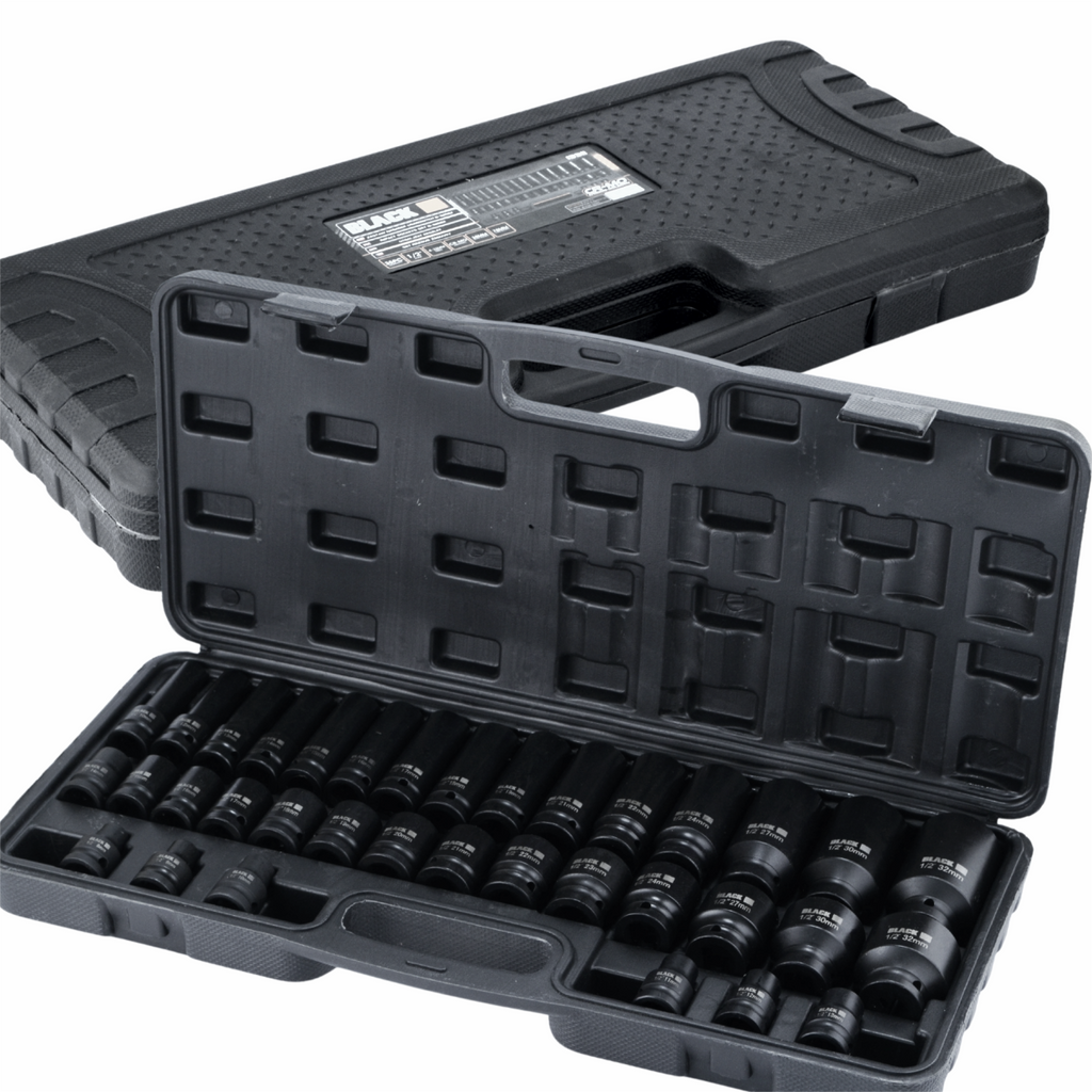 Large Set of 35 Impact Sockets 8-32mm 1/2" Hexagon Black CrMo in Case