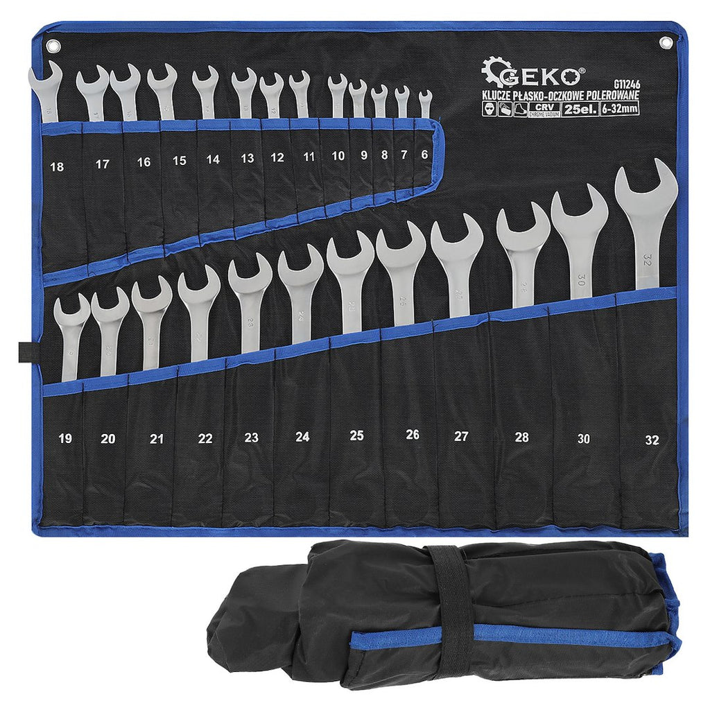 Satin Finish Combination Wrench Spanner Set 6-32 mm, 25 pcs, CrV (Storage Roll)