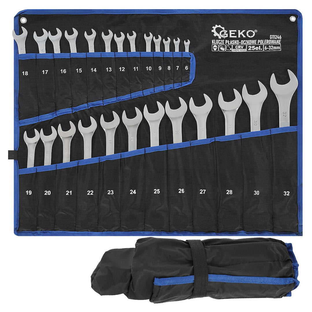 Satin Finish Combination Wrench Spanner Set 6-32 mm, 25 pcs, CrV (Storage Roll)